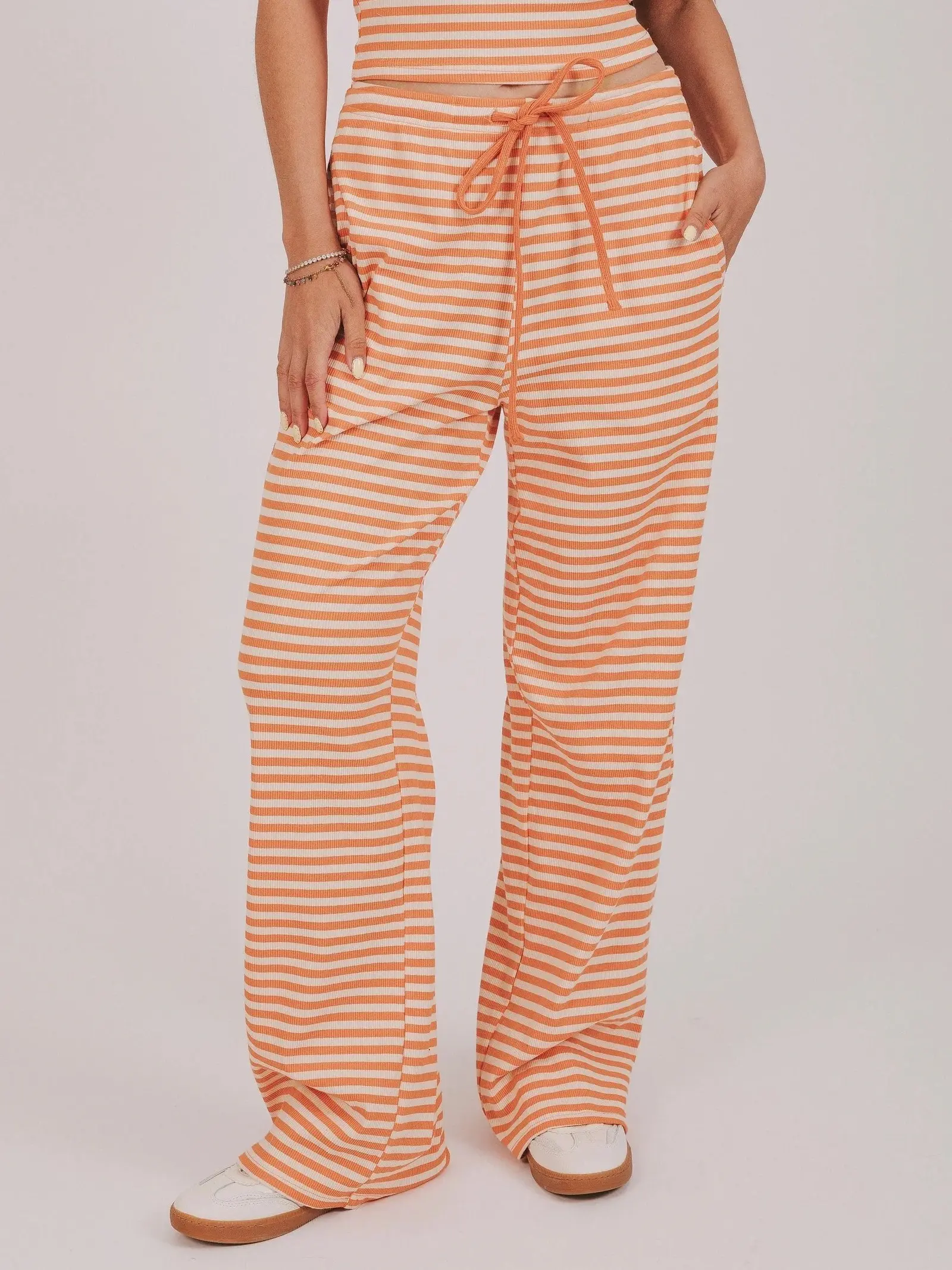 Sunday Stripe Pants - Fitted Casual Pants with Horizontal Stripes, Drawstring Waist, Pockets, Ribbed Material, High Rise, Wide Leg, Red, Brown, or Orange Coral Soft