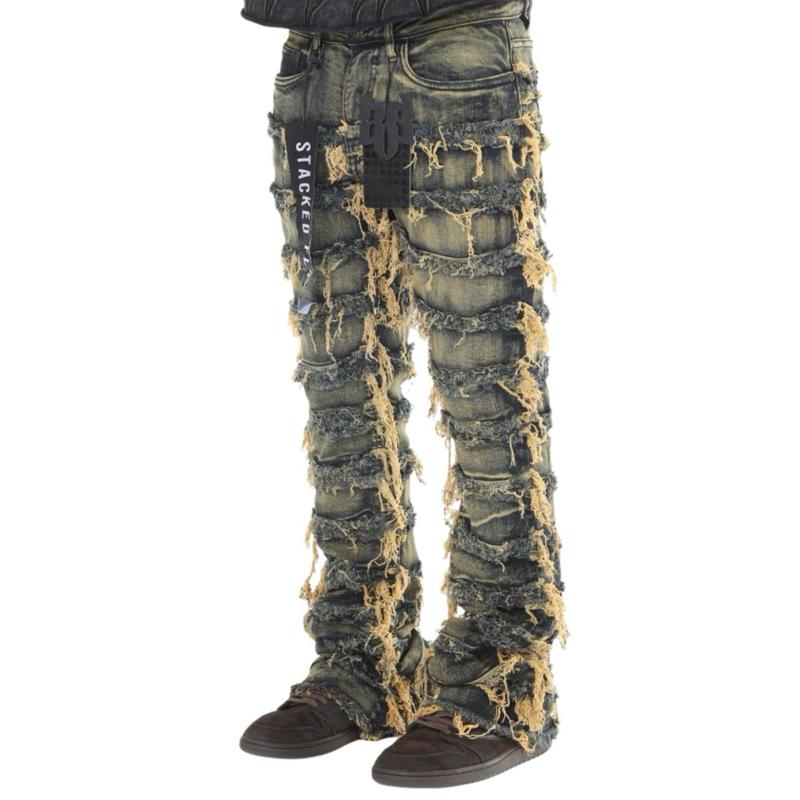 Dark Blue Vintage Tint Wash Stacked Flare Jeans Double Layer Frayed Street Style Denim with Distressed Look