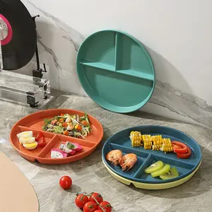 4pcs Durable 8.86 Inch Round Three-Compartment Plastic Plates, Detachable Picnic Plates, Salad Plates, Dishwasher Safe, Reusable Divided Plates