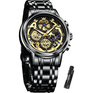 OLEVS Skeleton Watch for Men Stainless Steel Chronograph Watch for Men Classic Waterproof Mens Watches with Date Luxury Business Men's Analog Wrist Watches, relojes para Hombres Blue/Black/Gold/White