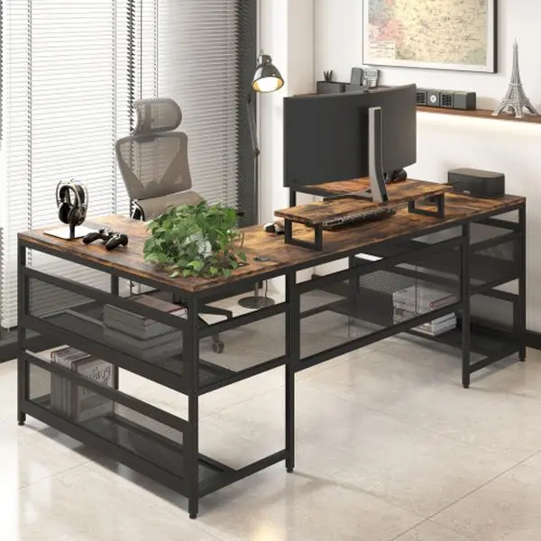 [Bellemave]U Shaped Desk with Power Outlets & LED Strip & Monitor Stand, L Shaped Desk with Storage Shelf, Home Office Gaming Desk, Vintage