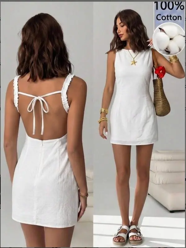 REED Summer Outfits Blue Striped Woven Backless Sleeveless Mini Dress For Women ,Summer Dress