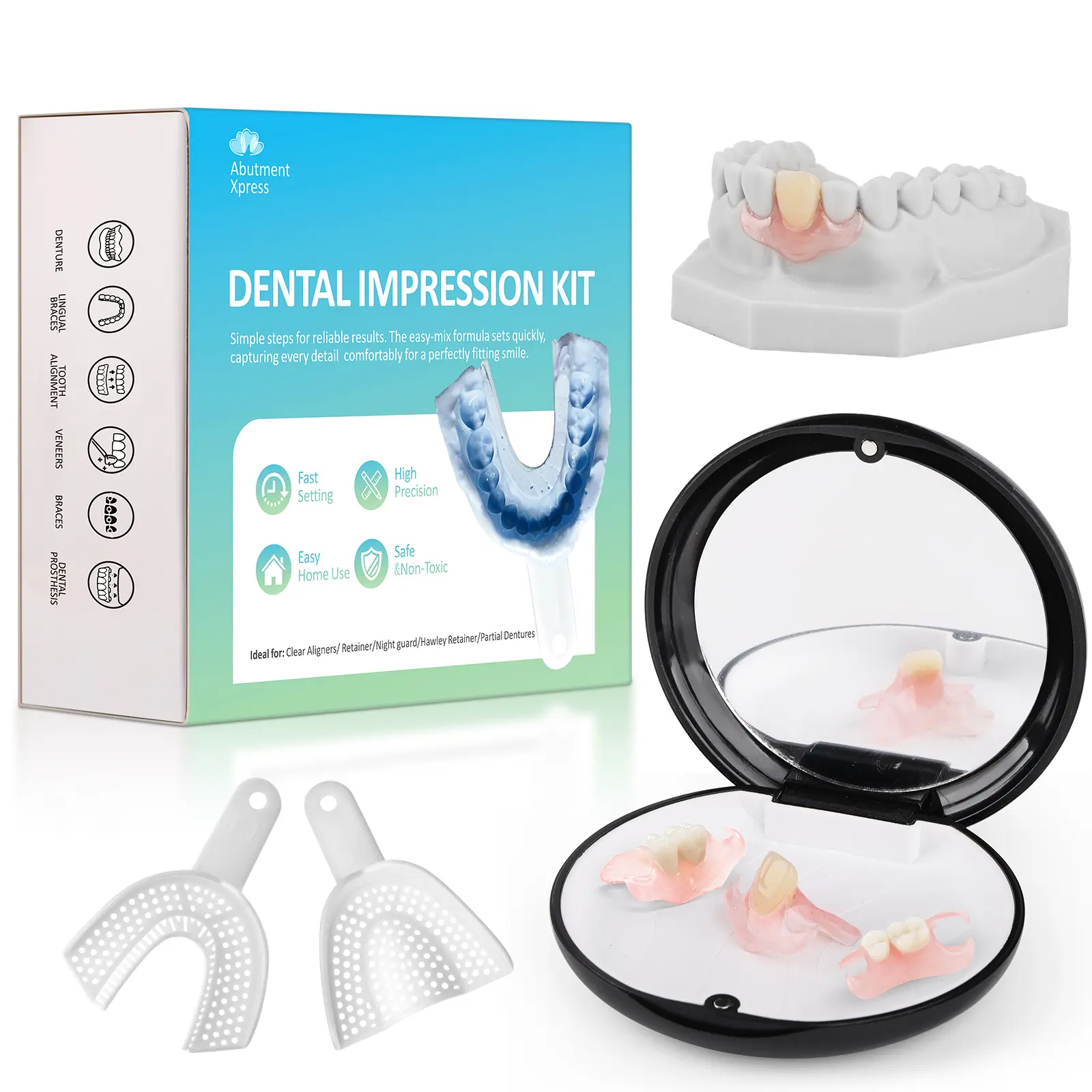 AbutmentXpress Custom Partial Denture Kit for Removable Tooth Replacement with Home Impression, Personalized Natural-Looking Design