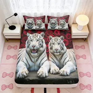 3pcs Two white tigers red roses backgroundbedding set(1*Fitted Sheet + 2*Pillowcase, Without Core)+Soft comfortable and breathable Suitable for bedroom guest room hotel dormitory rooms