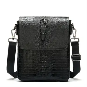 FR Fashion Co. Men's Crocodile Embossed Leather Crossbody Bag with Adjustable Nylon Strap & Magnetic Snap Closure for Travel & Everyday Use