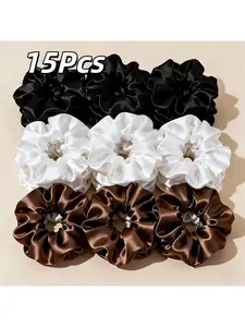 15Pcs/set Elegant Satin Hair Tie Set, Multiple colors (white, brown, black) Solid color Hair Scrunchies, High Elasticity Soft Material Scrunchies