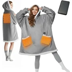 Cordless Heated Wearable Blanket Hoodie - Soft Sherpa Electric Heated Hoodie with Rechargeable 7.4V  Pack for Women, Men & Moms -  Winter  for Outdoor Comfort (Gray)