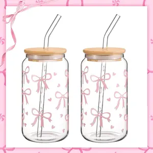 2-Piece Bow Aesthetic Cups, Elegant Clear Glass Cup Set with Lid & Straw, Vintage Coquette Drinking Jar, Girl Christmas Birthday Gift, Drinkware, Tumbler