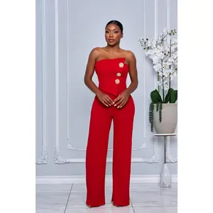 TUBE TOP GOLD BUTTON EMBELLISHED JUMPSUIT (RED)