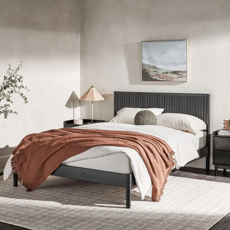 Walker Edison ORLB5CBL Contemporary Reeded Solid Wood Queen Bed Headboard - Matte Black, Indoor Furniture Bed Frame Accessory, Matte Black Headboards