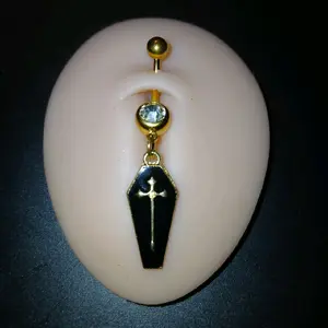 Coffin Belly Piercing with Gold Cross  and Crystal Accent