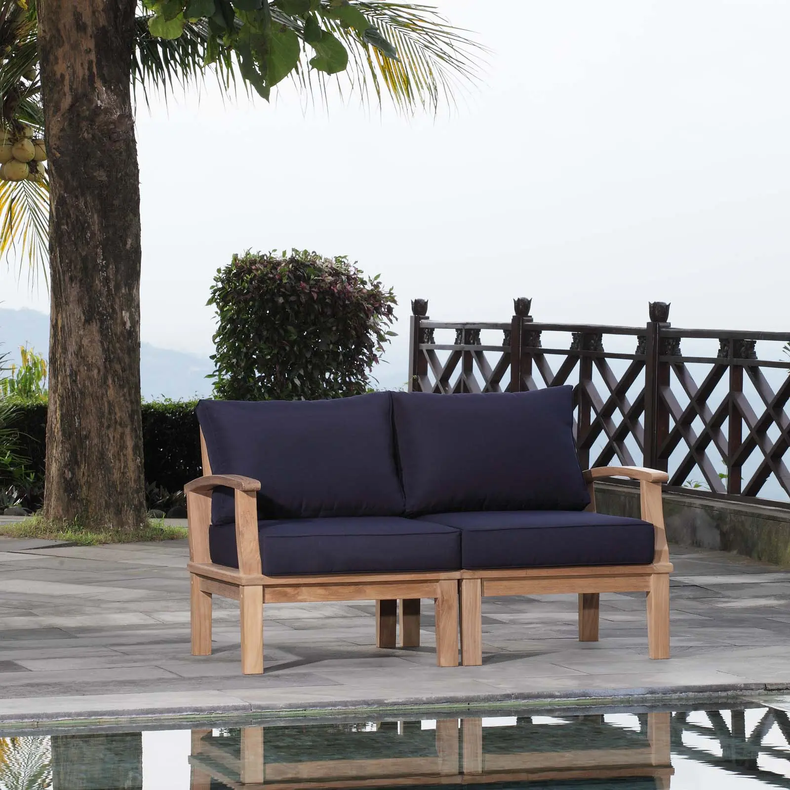 Marina 2 Piece Outdoor Patio Teak Set in Natural Navy, Patio Sectional Set, Modern Patio Set
