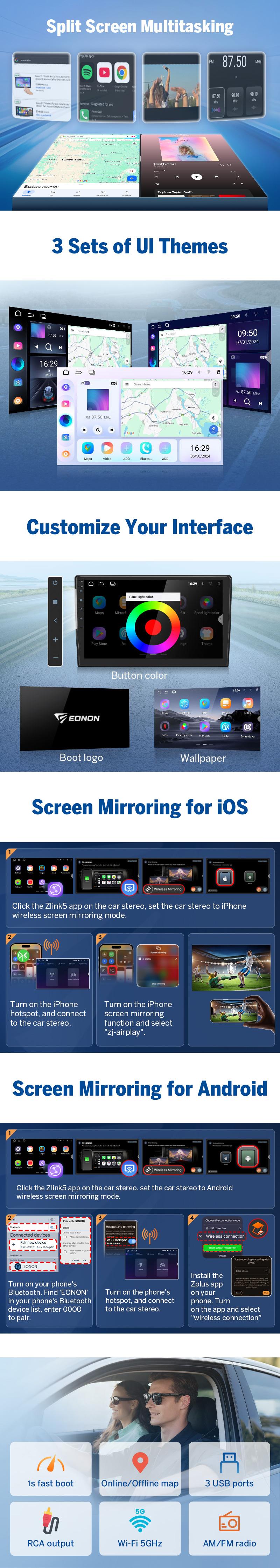 EONON Car Stereo for Jeep Chrysler Dodge Ram 1500 2500 3500, Wrangler, Wireless CarPlay & Android Auto Car Radio Touch screen, 10.1" Android 14 Car head unit, 4GB RAM, 64GB ROM, SWC, Bluetooth, GPS Navigation, Sub, Jumpstart Sale - GPX7A