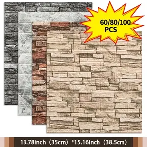 60/80/100pcs 3D Foam Wall Stickers, Brick Pattern, Waterproof Self-Adhesive Panels, Decorate Kitchen, Living Room, Bathroom, Office, Home, Dormitory