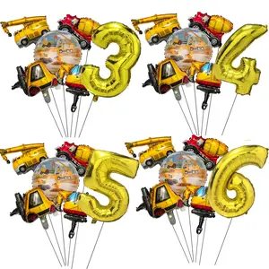 Excavator Vehicle Gold Black Digital Balloon Set For Boys Dump Truck Engineering Kids Construction Theme Birthday Party Supplies
