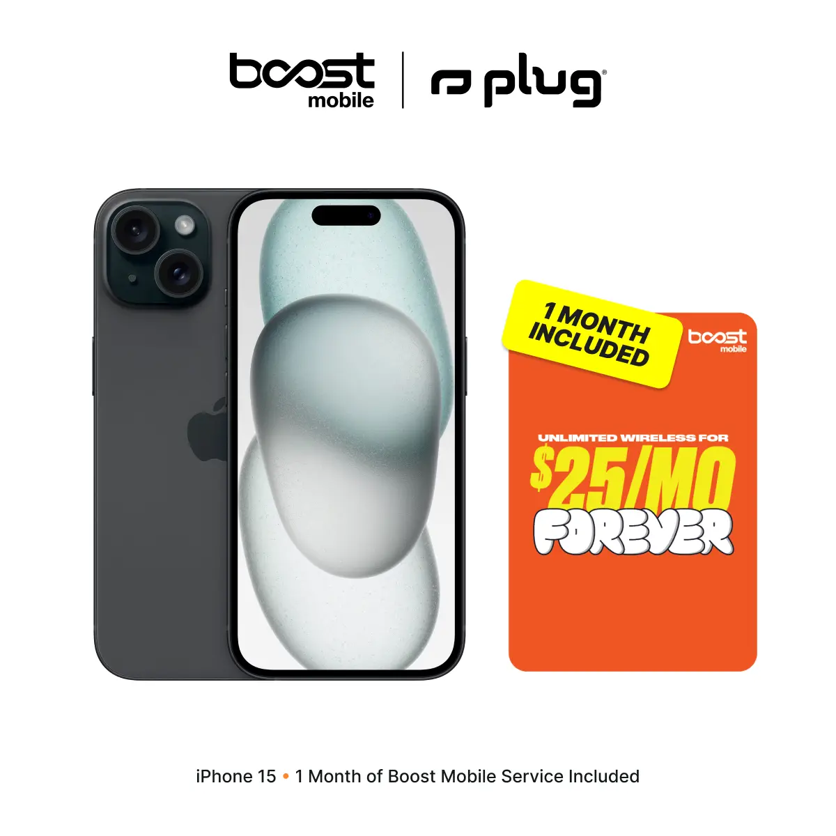Refurbished Apple iPhone 15 (Unlocked) + 1 Month of Unlimited Boost Mobile Service Included - Good Condition with 1-Year Warranty by Plug Refurbished Apple iPhone 15 (Unlocked) + 1 Month of Unlimited Boost Mobile Service Included - Good Condition with 1-Year Warranty by Plug