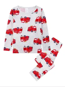 Boys Long Sleeve Pajama Set, Fire Truck Cartoon Print, Soft and Skin-Friendly, Casual Home Wear, All Seasons, Two-Piece Sleepwear