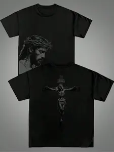 Y2K Dark Aesthetic Jesus Crown of Thorns & Cross Graphic T-Shirt - Black Soft Cotton Oversized Streetwear Religious Print Top for Cozy Home Lounge/Street Style Outfit | Viral TikTok Trendy Faith-Inspired Casual Tee