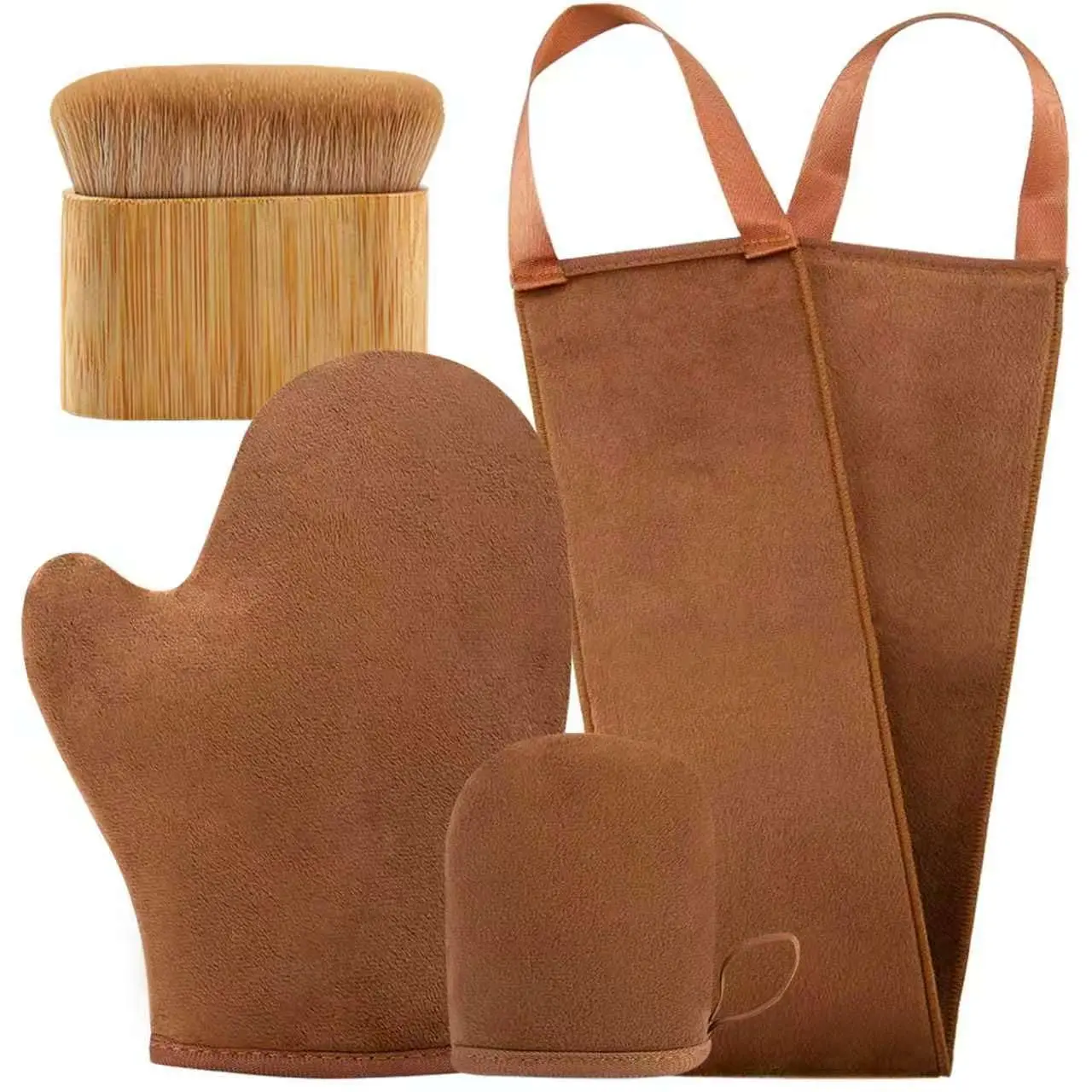 Self Tanning Applicator Kit with Tanning Glove for Self Tan Mitt, Back Lotion Applicator, Mini Mitt and Ultra Soft Self Tanner Brush Bamboo Kabuki Brush, Brown