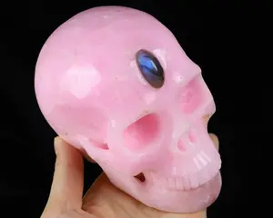 Huge 5.0" Pink Aragonite Carved Crystal Skull & Heaven Labradorite Eye, Crystal Healing