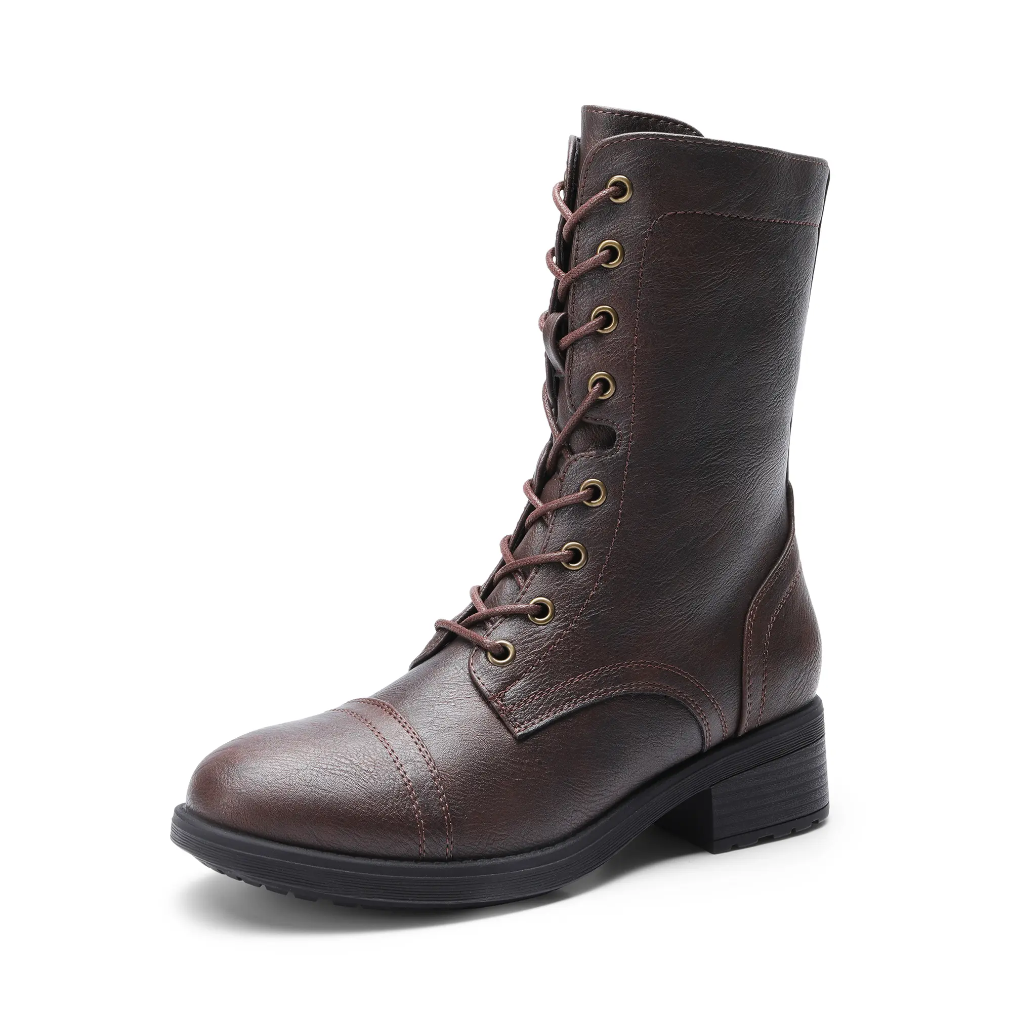 Dream Pairs Women's Mid-Calf Synthetic Vegan Leather Combat Boots - Lace-Up, Side Zipper, Utility Pocket, TPR Sole Footwear, Laces