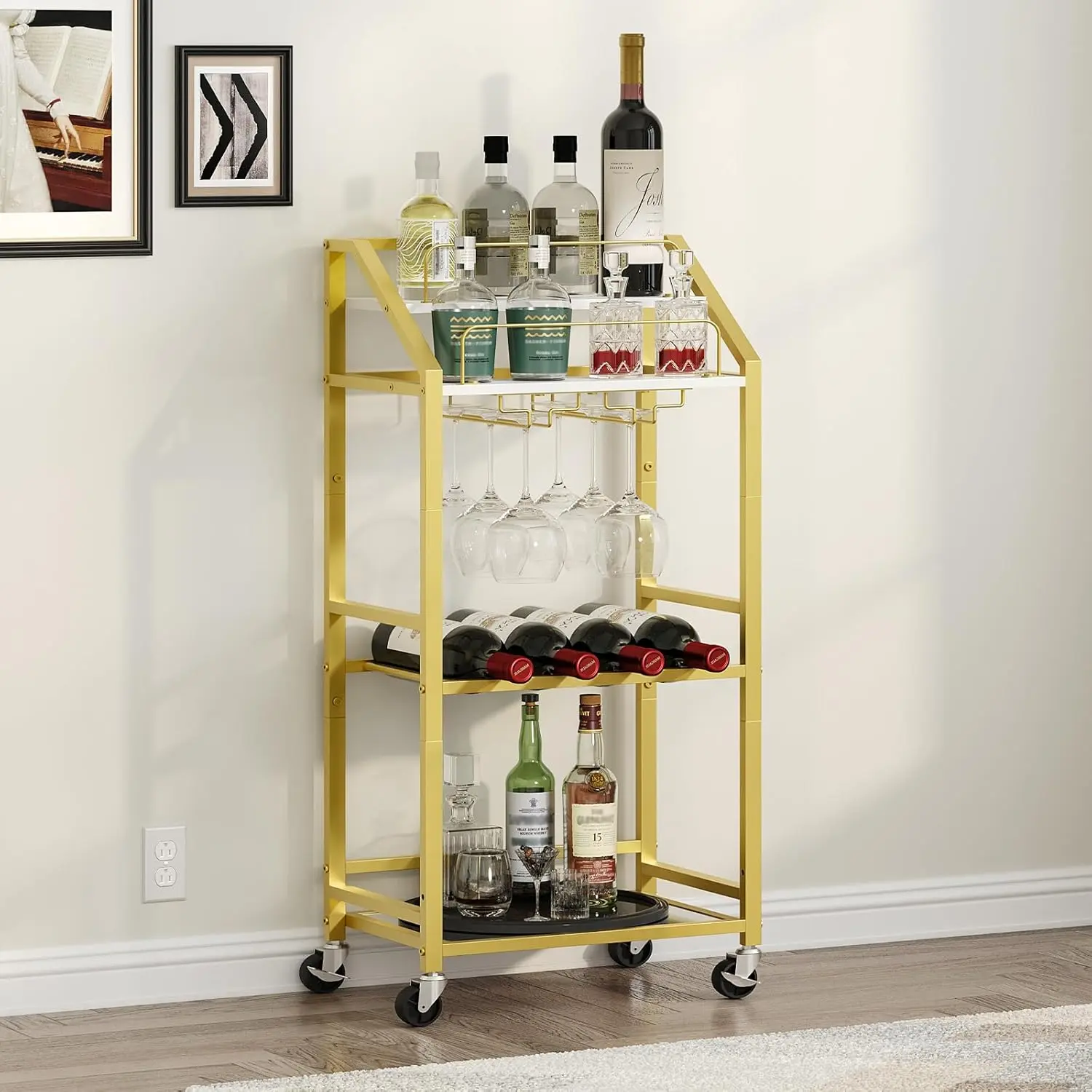 MAHANCRIS Bar Cart with Mirrored Shelf, Serving Cart for Home, Drink Cart with Wine Rack, Rolling Kitchen Cart with Wheels, Glass Holder, for Kitchen, Dining Room, Gold and White RCJW67M01
