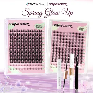 Fluffy Dense D Curl Cluster Lash Kit, Waterproof Bond & Seal, Tweezers & Remover Set easy home use spikes