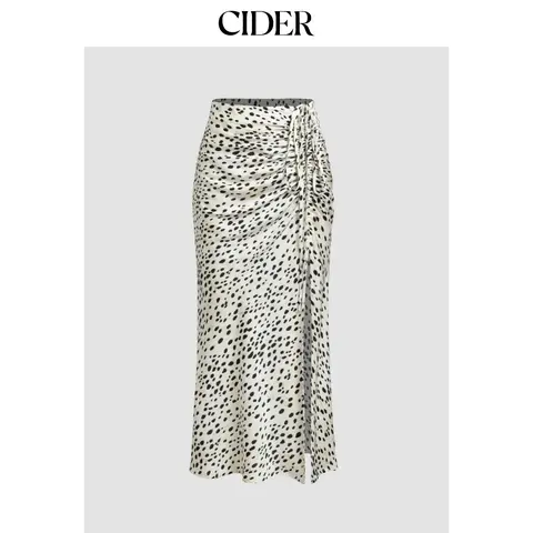 Cider Women's Spot Print Drawstring Zipper Split Maxi Skirt - Casual Women's Bottoms with Multi-Size Options