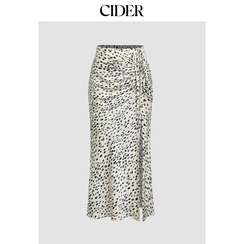 Cider Women's Spot Print Drawstring Zipper Split Maxi Skirt - Casual Women's Bottoms with Multi-Size Options