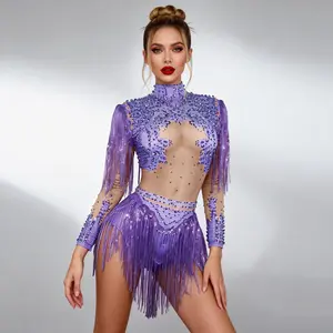 sexy rhinestone gold silver sequin tassels bodysuit stage outfit dress pole dance nightclub party wear drag queen Team costumes