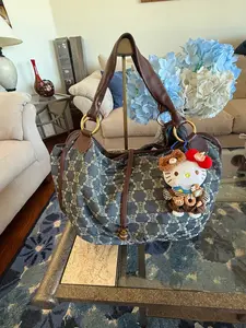 Pre-owned Celine Denim and Leather Hobo Bittersweet/Paris Triomphe Navy Cream Dark Brown Denim Leather Tote Bag