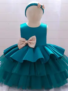 Toddler Girl's Contrast Sequin Bow Decor Tiered Layer Fit and Flare Dress & Hair Band Set, Elegant Fashion Casual Two-piece Outfits for Party Show Wear, Kids Clothes for All Seasons, Tulle Overlay Dress