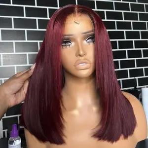 Dark 99J Burgundy Straight Bob Human Hair Wig 13X4 Lace Frontal Human hair Wigs HD Transparent Lace Front Short Bob For Woman Dark Burgundy Pre Plucked Natural Hairline 180% Density