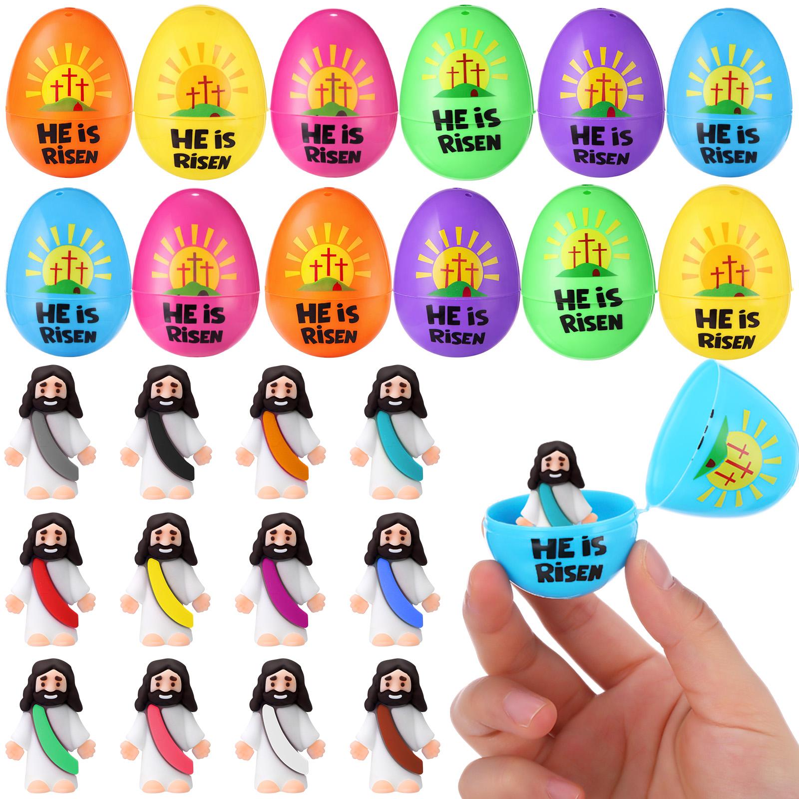 12set/24set/30set/36set/48set/50set/60set Prefilled Easter Eggs with Mini Jesus Figures for Easter Egg Hunt Basket Stuffers Fillers He Is Risen Easter Eggs Filled with Mini Jesus Figures for Boys Girls Outdoor Play Classroom Prize Easter Party Favors