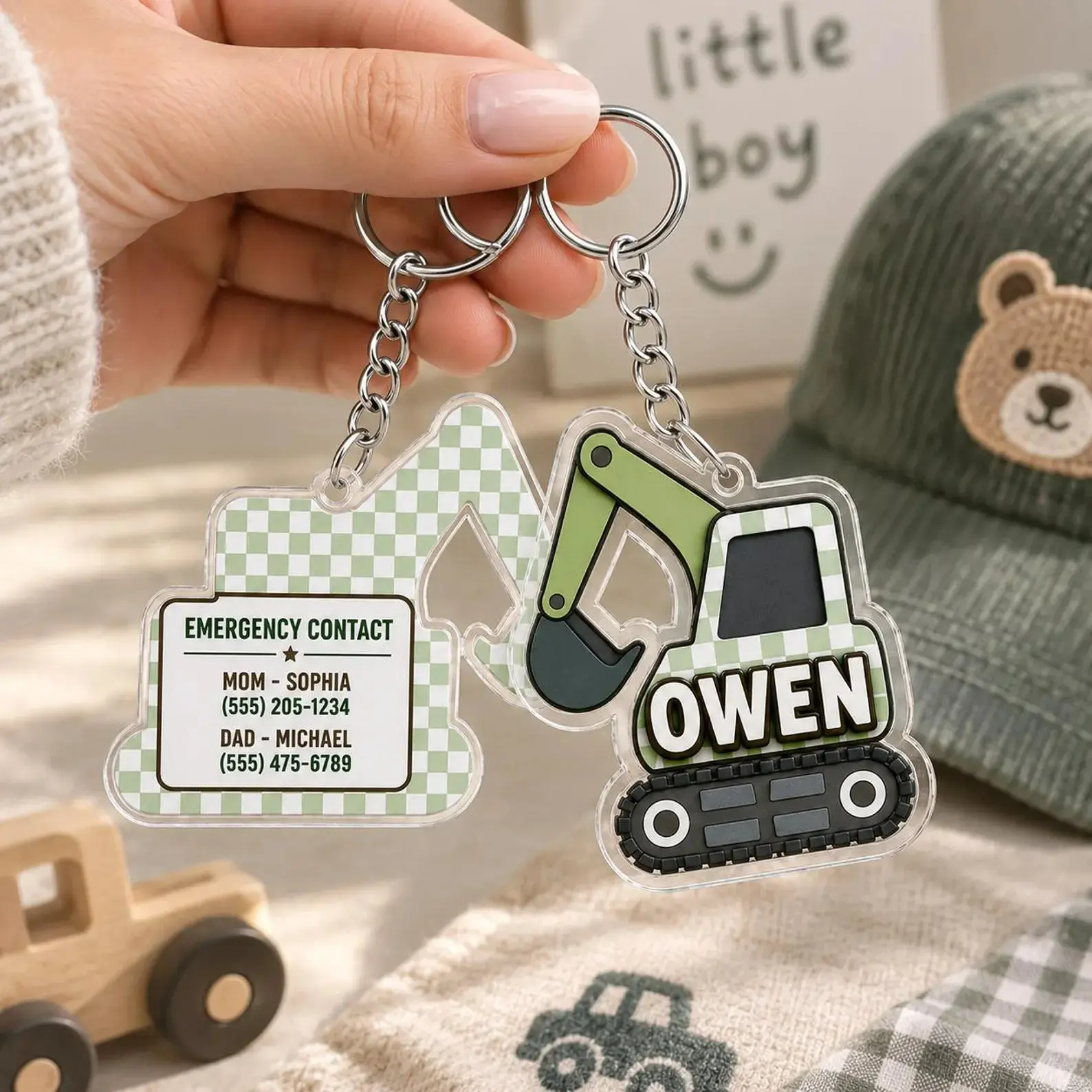 Personalized Excavator Backpack Name Tag, Custom Emergency Contact Tag, Kids School Bag & Lunch Box Keychain