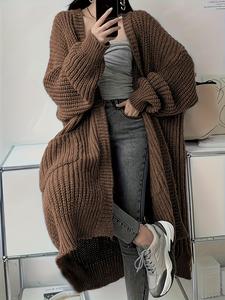 women's solid color pocket longline cardigan, casual long sleeve open front cardigan for fall & winter, women's knit clothing for daily wear