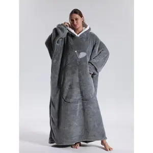 Oversized hooded blanket, unisex plush lounge pajamas, soft polyester fabric, long sleeves and pocket details, perfect for couples or gifts, black