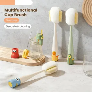 5-in-1 Multifunctional Cup Brush Set | Food-Grade Silicone & Sponge Heads | Rim/Gap/Straw Cleaner for Bottles Mugs | Cute Home Cleaning Tool