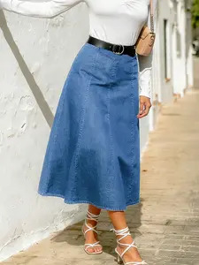 Valentine's Day High Waist Denim Skirt, Spring & Fall Casual Long Umbrella Dress, Fitted Zipper Fly Design, Solid Color
