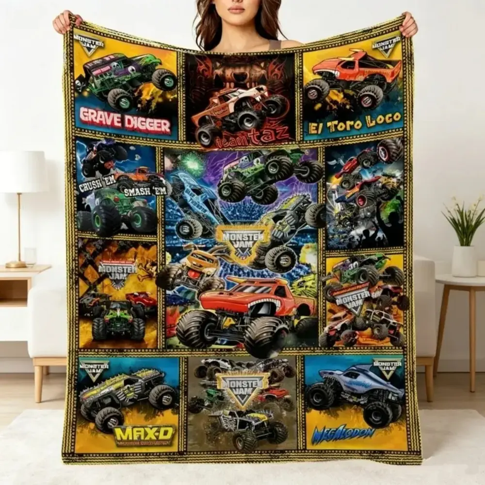 Monster Trucks Flannel Throw Blanket, Grave Digger Max-D Megalodon El Toro Loco All Over Print Soft Fleece Blanket For Boys Bedroom Sofa Couch Kids Gift