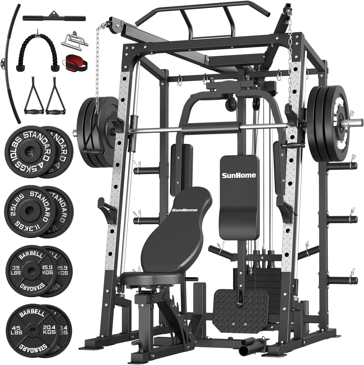 SunHome Smith Machine, 2000LBS Power Cage Squat Rack with Smith Bar, LAT Pull-Down Systems, Cable Crossover Machine for Home Gym