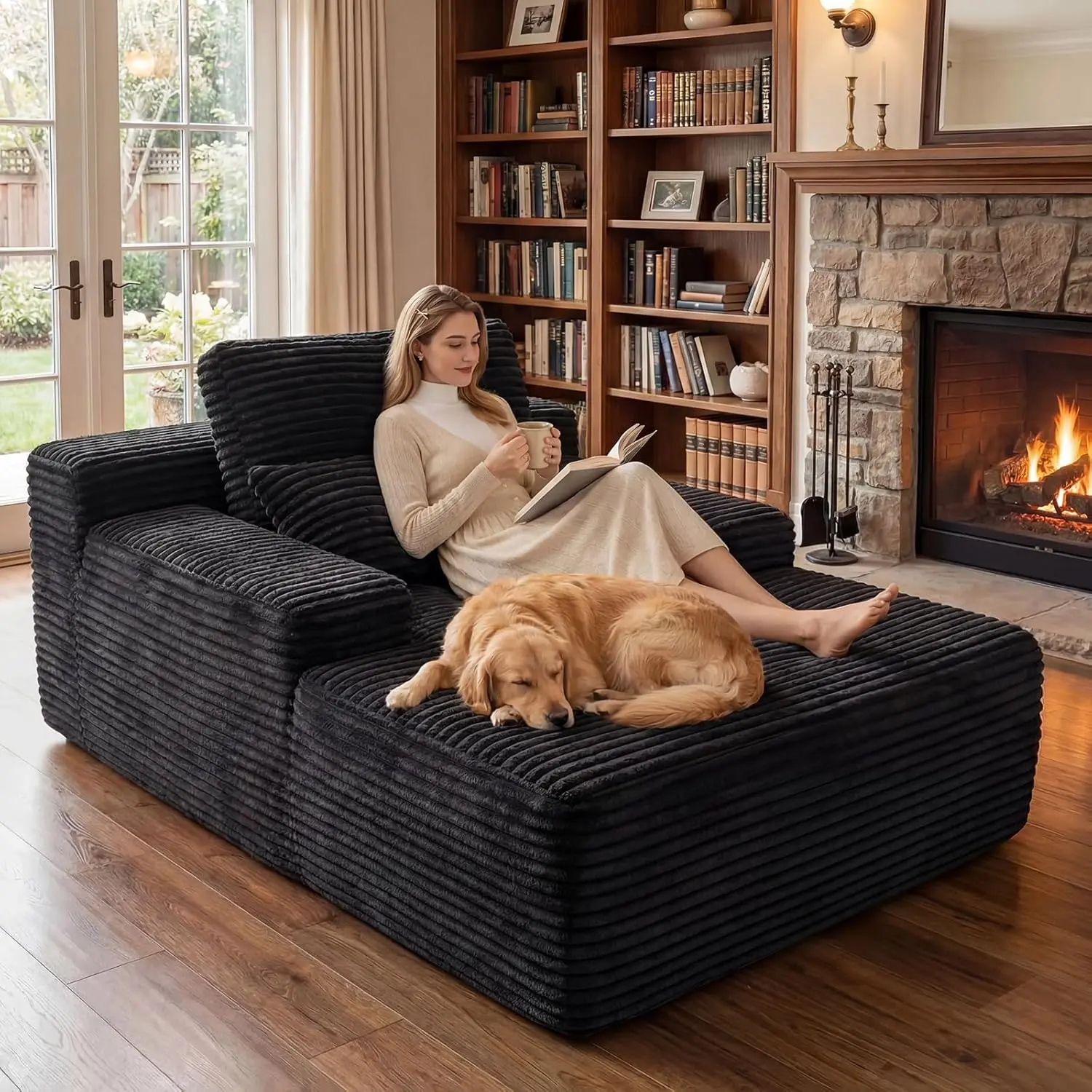 67'' Boneless design sectional Chaise Lounge cozy Sofa bed para sala Chair Indoor, big Comfy Oversized Chair, soft plush Corduroy love upholstery Fluffy Cloud Couch For Living Room, Deep Seat Sleeper Reading Chairs, No Assembly Required