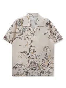 Vintage Style Printed Shirt, Horse Line Pattern, Casual Fashion, Artistic Design, Short Sleeve, Tropical Hawaiian Clothing