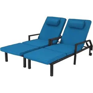Patio Chaise Lounge Set – Adjustable Outdoor Lounge Chairs with Cushions & Headrest – All-Weather Rattan Reclining Lounge Chairs for Poolside, Garden, and Patio (2 Pcs )