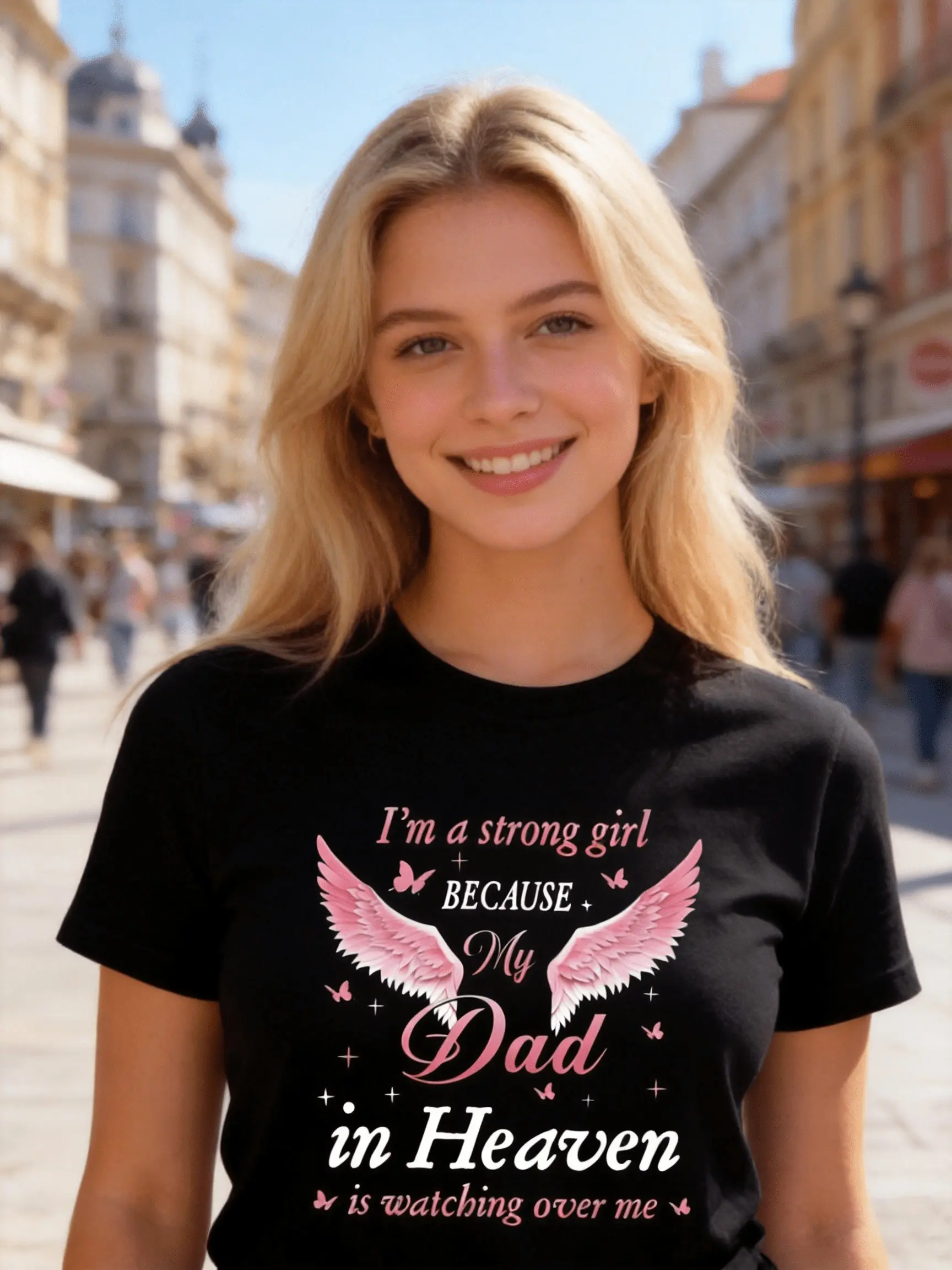 Women's Memorial Dad in Heaven T-Shirt with Angel Wings & Print - In Memory of Dad Short Sleeve Crew Neck Top, Gift for Loss of Father, Machine Washable Casual Summer Outfit
