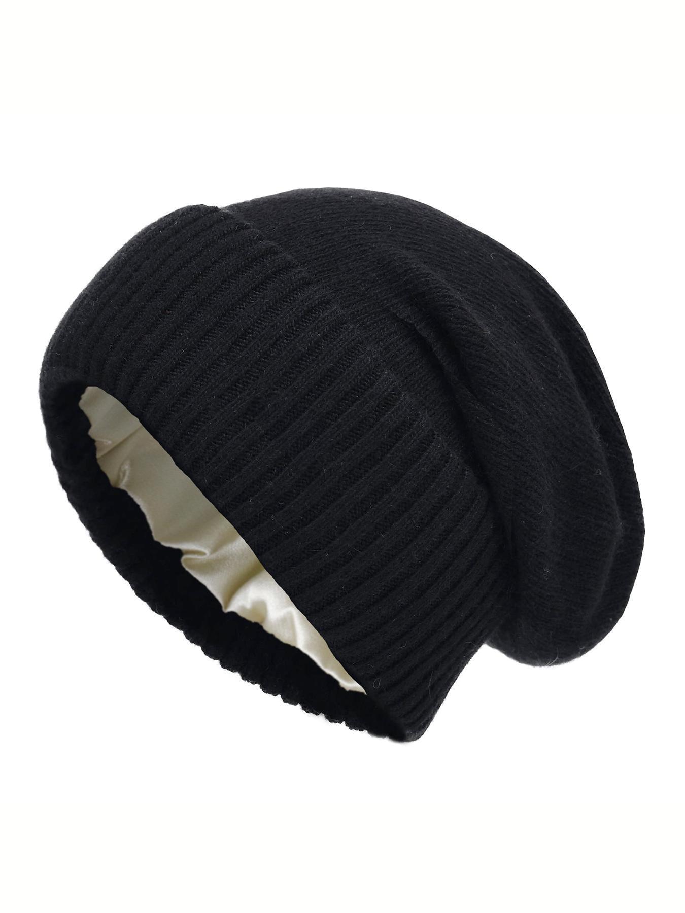 New Wool Blend Satin Lined Knit Beanie Hat, Lightweight Unisex Soft Loose Fit Warm Cap for Fall & Winter, Casual Style