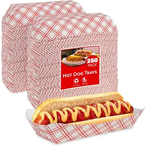 Checkered Hot Dog Trays (250 Pack) - Retro Red & White Checked Food Boats for Hot Dogs Grease Resistant Checkered Trays - Recyclable & Disposable Paperboard Trays for Hot Dogs - Stock Your Home Corn Plastic
