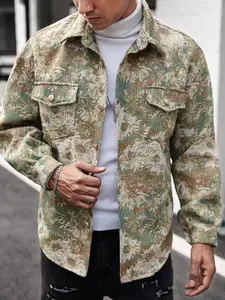 Men's Allover Floral Print Buttoned Stand Collar Long Sleeve Jacket with Two Flap Pockets on Front, Suitable for Spring & Autumn Seasons Wear