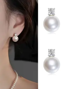 【Imitation Pearl Earrings】1 Pair of Vintage Simple Rhinestone Inlaid Faux Imitation Pearl Earrings, Elegant Charm Suitable for Women's Daily Commuting and Party Wear