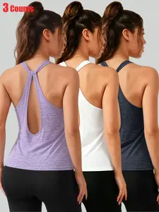 3 Pack Women's Open Back Tank Tops, Sleeveless Workout Shirts, Breathable Moisture Wicking Yoga Tops, Stretch Athletic Tanks for Gym Running Fitness and Summer Casual Wear